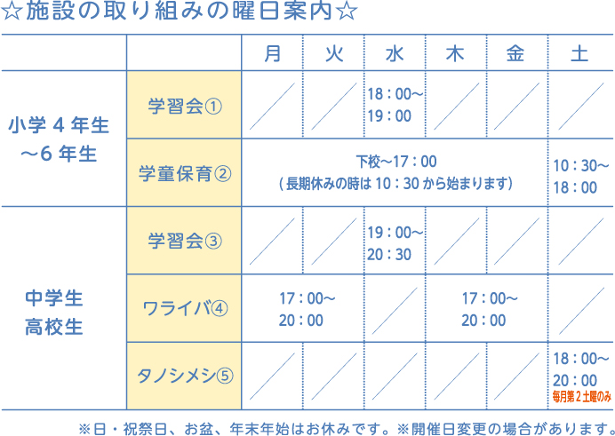施設の取り組みの曜日案内